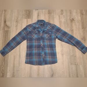 Zoo York Button Up Long Sleeve Shirt Medium Mens Blue Tan Plaid Great condition